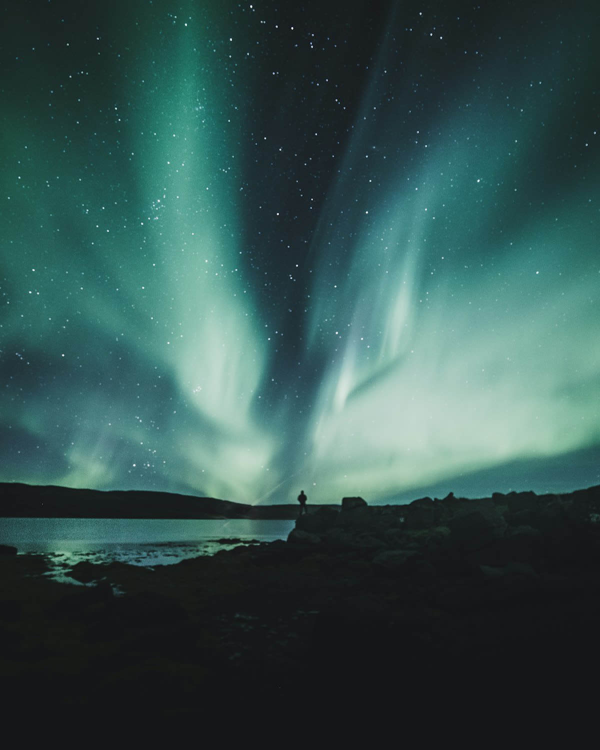 Northern lights over frozen fjord